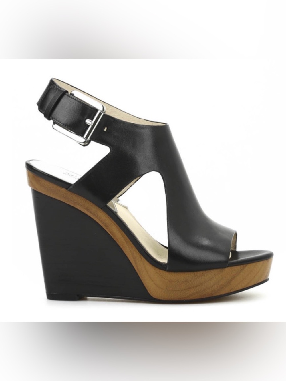 Michael Kors Black Leather Strappy Wedge Sandal with Wood-Accent Platform